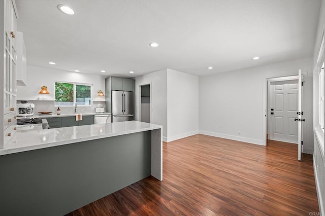 9312 Daisy Ave, Fountain Valley, CA 92708 - kitchen featuring appliances with stainless steel finishes, gray cabinets, dark wood finished floors, and recessed lighting
