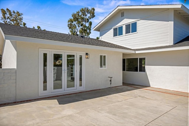 9312 Daisy Ave, Fountain Valley, CA 92708 - rear view of house with a patio, french doors, roof with shingles, and stucco siding