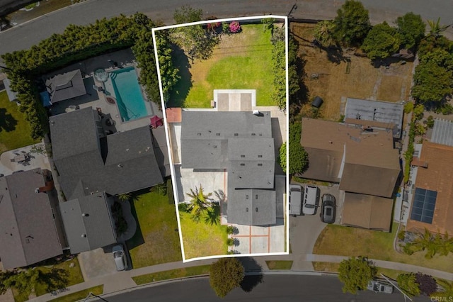 9312 Daisy Ave, Fountain Valley, CA 92708 - aerial perspective of suburban area with a pool and property parcel outlined