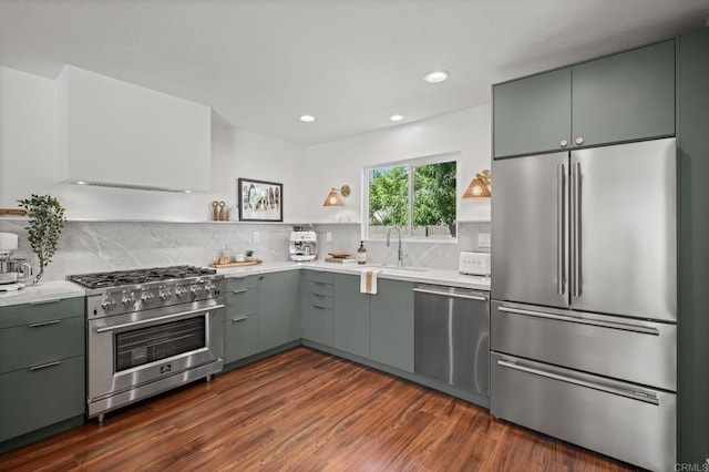 9312 Daisy Ave, Fountain Valley, CA 92708 - kitchen with high quality appliances, open shelves, light countertops, dark wood-type flooring, and tasteful backsplash