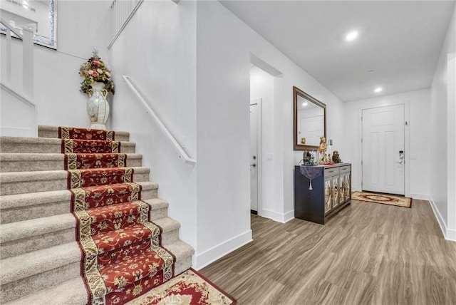 16614 Trailblazer Ave, Chino, CA 91708 - foyer entrance with stairs, wood finished floors, and recessed lighting