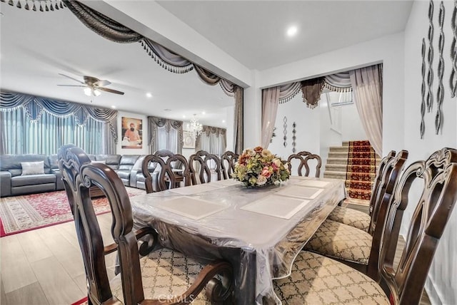 16614 Trailblazer Ave, Chino, CA 91708 - dining area with ceiling fan, stairs, recessed lighting, and wood finished floors
