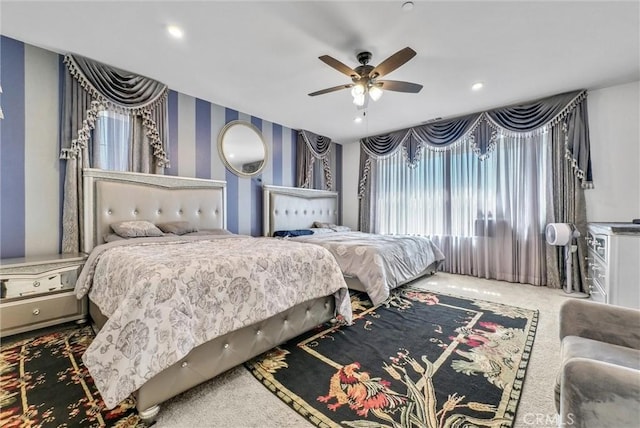 16614 Trailblazer Ave, Chino, CA 91708 - carpeted bedroom with wallpapered walls, ceiling fan, and recessed lighting