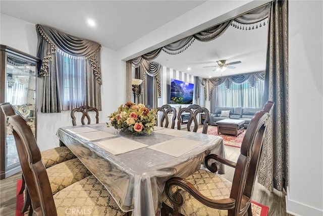 16614 Trailblazer Ave, Chino, CA 91708 - dining room with ceiling fan, wood finished floors, and recessed lighting
