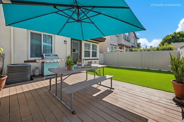 4192 Camino Campana, Oceanside, CA 92057 - wooden terrace featuring a fenced backyard, outdoor dining area, and grilling area