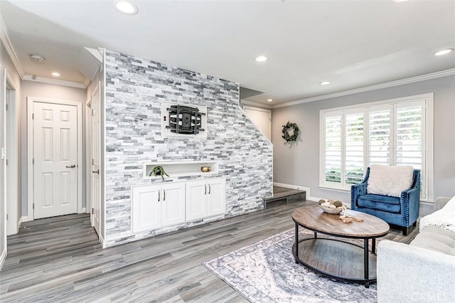 23113 Cherry Ave Unit 15, Lake Forest, CA 92630 - living room featuring ornamental molding, recessed lighting, and light wood-style flooring