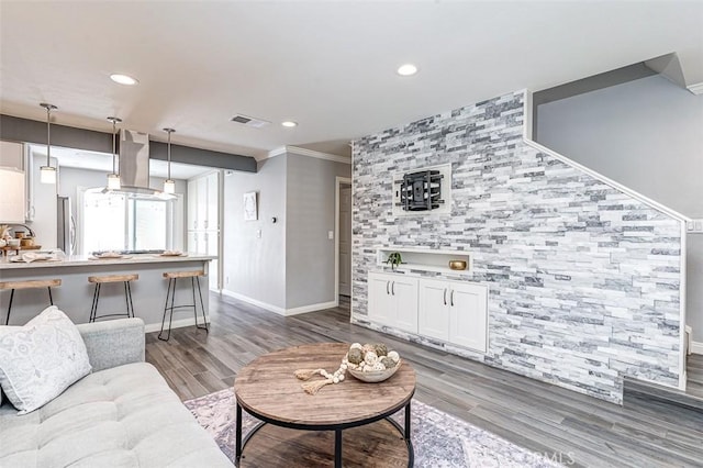 23113 Cherry Ave Unit 15, Lake Forest, CA 92630 - living area with wood finished floors, recessed lighting, and ornamental molding