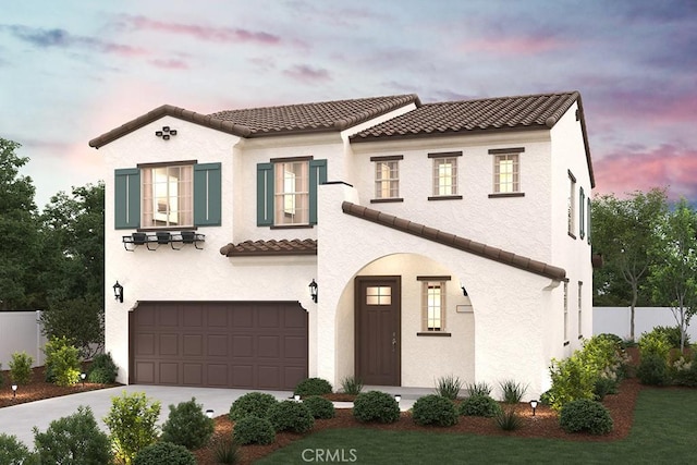 26607 Platte Rd, Menifee, CA 92585 - mediterranean / spanish-style house featuring a tiled roof, driveway, a garage, and stucco siding
