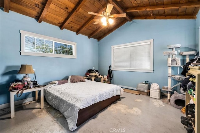 5177 Avenida Del Sol, Joshua Tree, CA 92252 - bedroom with wooden ceiling, concrete flooring, and ceiling fan
