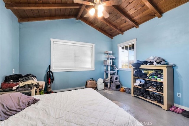 5177 Avenida Del Sol, Joshua Tree, CA 92252 - bedroom with wooden ceiling, concrete flooring, and ceiling fan