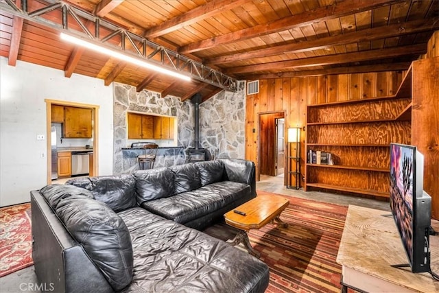 5177 Avenida Del Sol, Joshua Tree, CA 92252 - living area featuring a wood stove, wooden ceiling, and wooden walls