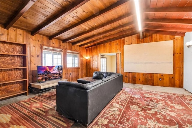5177 Avenida Del Sol, Joshua Tree, CA 92252 - living room featuring wood walls, carpet flooring, and wooden ceiling