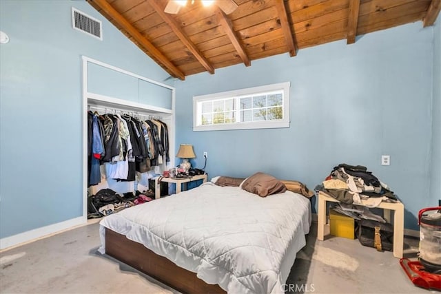 5177 Avenida Del Sol, Joshua Tree, CA 92252 - bedroom featuring wooden ceiling, a closet, and ceiling fan