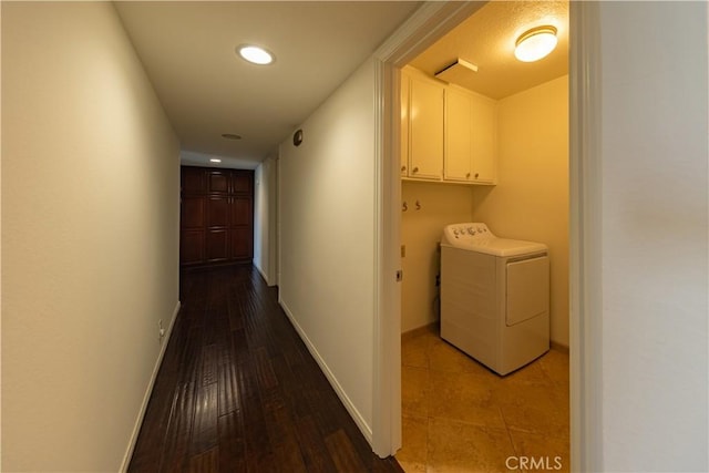 6242 Riviera Cir, Long Beach, CA 90815 - hallway featuring washer / clothes dryer, wood finished floors, and recessed lighting