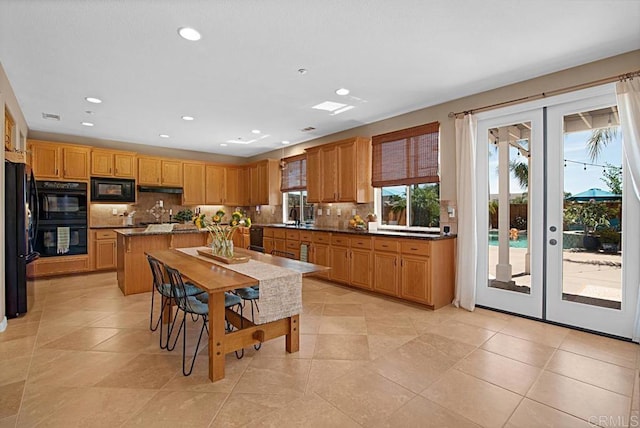 595 S Hidden Trails Rd, Escondido, CA 92027 - kitchen featuring black appliances, decorative backsplash, recessed lighting, and dark countertops