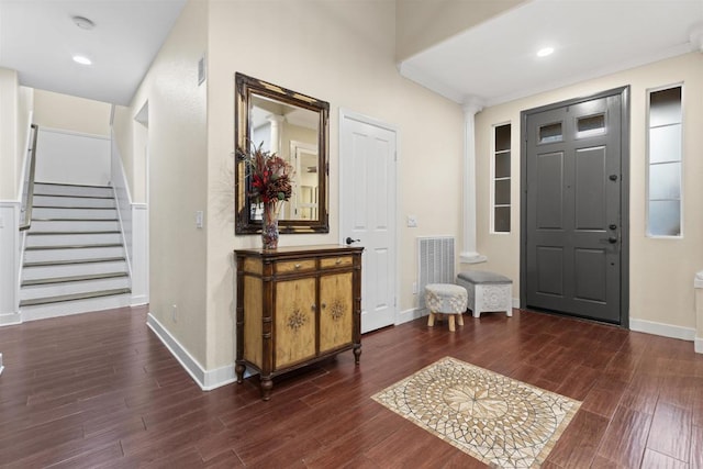 1209 Morgan Hill Dr, Chula Vista, CA 91913 - entrance foyer featuring decorative columns, stairs, wood finished floors, and recessed lighting