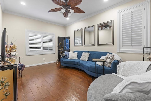 1209 Morgan Hill Dr, Chula Vista, CA 91913 - living area with a ceiling fan, wood finished floors, crown molding, and recessed lighting