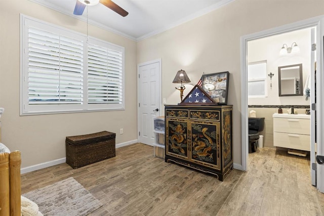 1209 Morgan Hill Dr, Chula Vista, CA 91913 - bedroom featuring ornamental molding, wood finished floors, ensuite bath, and ceiling fan