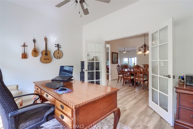 31008 Longview Ln E, Coarsegold, CA 93614 - home office featuring a ceiling fan, wood finished floors, french doors, and a chandelier