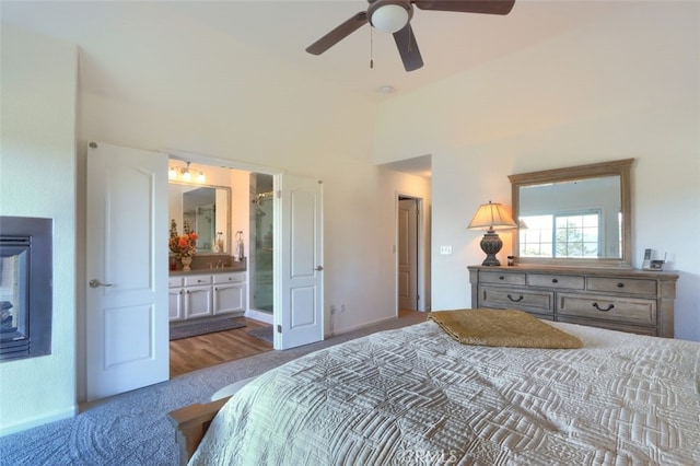 31008 Longview Ln E, Coarsegold, CA 93614 - bedroom with ensuite bath, a high ceiling, and ceiling fan