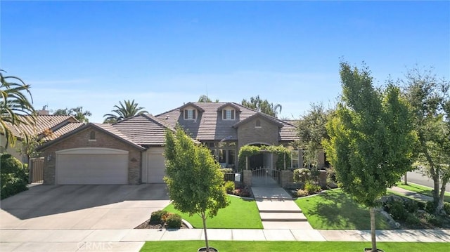 403 Stone Cross Dr, Bakersfield, CA 93312 - view of front of house featuring stone siding, an attached garage, a tiled roof, driveway, and a front yard