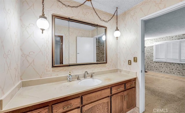 1023 Don Pablo Dr, Arcadia, CA 91006 - bathroom featuring wallpapered walls, a textured ceiling, and vanity