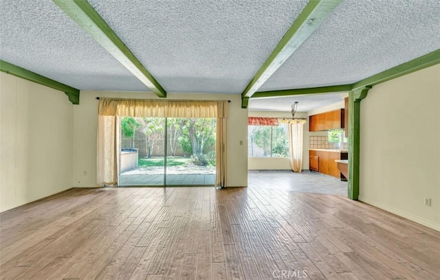 1023 Don Pablo Dr, Arcadia, CA 91006 - unfurnished living room featuring beam ceiling, hardwood / wood-style flooring, a textured ceiling, and a chandelier