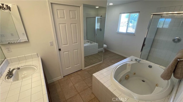 5335 Play Doe Ln, Paso Robles, CA 93446 - full bathroom featuring a stall shower, a whirlpool tub, vanity, tile patterned flooring, and recessed lighting