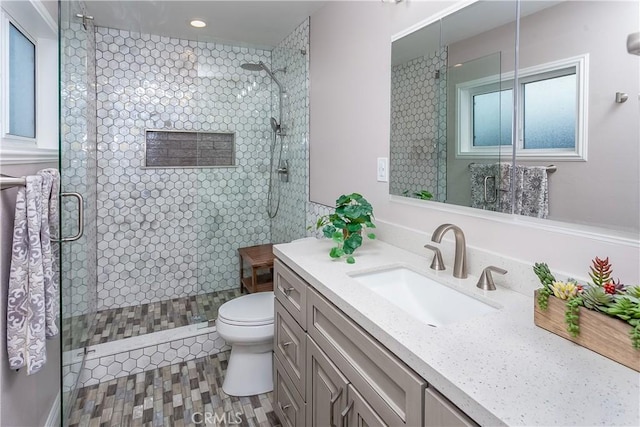 3640 Rosalie St, Simi Valley, CA 93063 - bathroom featuring a stall shower, vanity, and recessed lighting