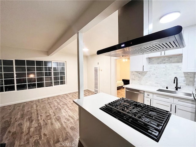 10802 Palma Vista Ave, Garden Grove, CA 92840 - kitchen featuring wall chimney exhaust hood, stainless steel dishwasher, white cabinetry, decorative backsplash, and light wood finished floors