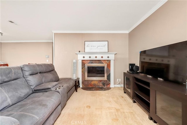 29639 Delphinium Ave, Canyon Country, CA 91387 - living area featuring crown molding, a fireplace with flush hearth, and light colored carpet