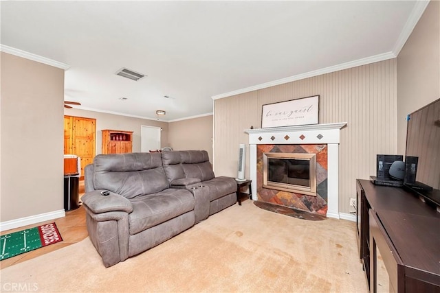 29639 Delphinium Ave, Canyon Country, CA 91387 - living area with crown molding, a tile fireplace, and light colored carpet