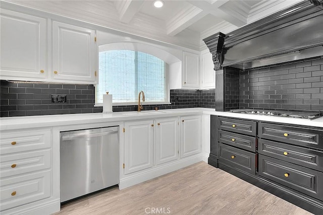 16549 Celadon Ct, Chino Hills, CA 91709 - kitchen with stainless steel appliances, light countertops, beam ceiling, white cabinetry, and backsplash