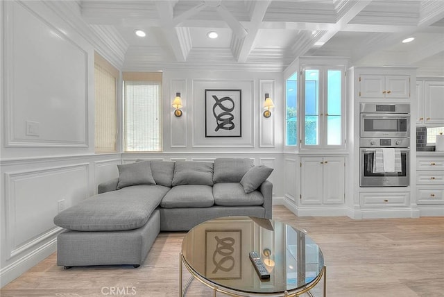 16549 Celadon Ct, Chino Hills, CA 91709 - living room with a decorative wall, coffered ceiling, beam ceiling, crown molding, and light wood-type flooring