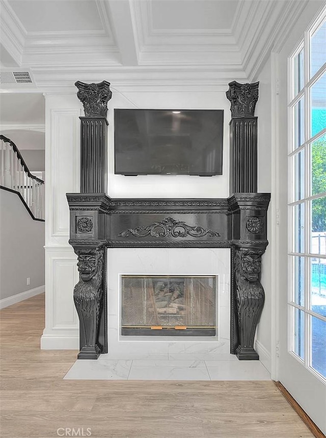 16549 Celadon Ct, Chino Hills, CA 91709 - detailed view of a fireplace with flush hearth, wood finished floors, and ornamental molding