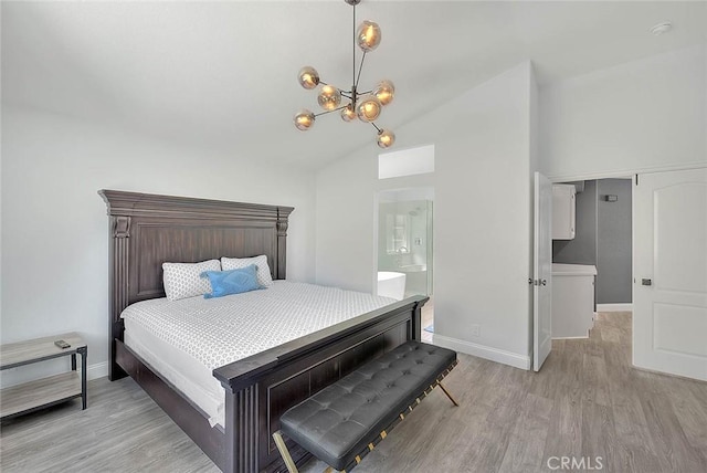 16549 Celadon Ct, Chino Hills, CA 91709 - bedroom with a chandelier, light wood-type flooring, high vaulted ceiling, and ensuite bathroom