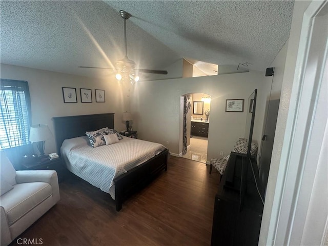 10600 Silverleaf Cir, Moreno Valley, CA 92557 - bedroom featuring a textured ceiling, dark wood-style floors, arched walkways, a ceiling fan, and vaulted ceiling