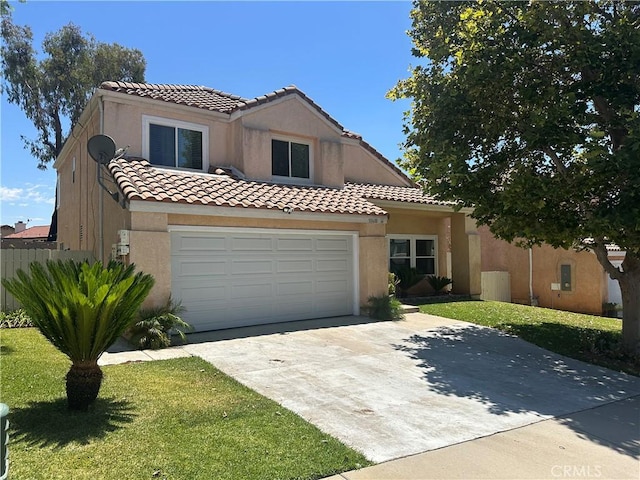 10600 Silverleaf Cir, Moreno Valley, CA 92557 - mediterranean / spanish house with concrete driveway, stucco siding, a tiled roof, a front lawn, and a garage