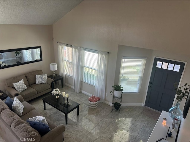 10600 Silverleaf Cir, Moreno Valley, CA 92557 - living area with baseboards and high vaulted ceiling