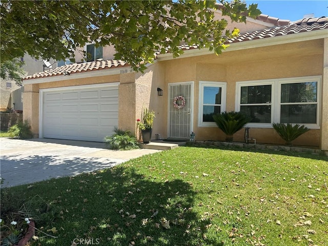 10600 Silverleaf Cir, Moreno Valley, CA 92557 - mediterranean / spanish-style home with stucco siding, an attached garage, driveway, a tile roof, and a front lawn