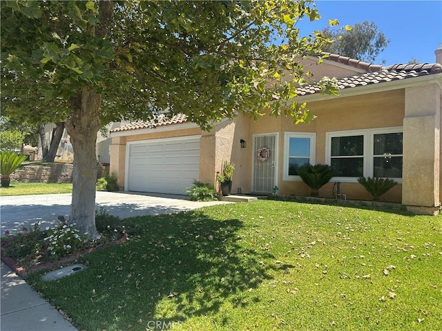 10600 Silverleaf Cir, Moreno Valley, CA 92557 - view of front of house with an attached garage, a tiled roof, concrete driveway, stucco siding, and a front lawn