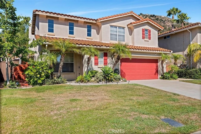 3450 Lake Park Ave, Fallbrook, CA 92028 - mediterranean / spanish-style house with concrete driveway, a garage, stucco siding, and a tile roof