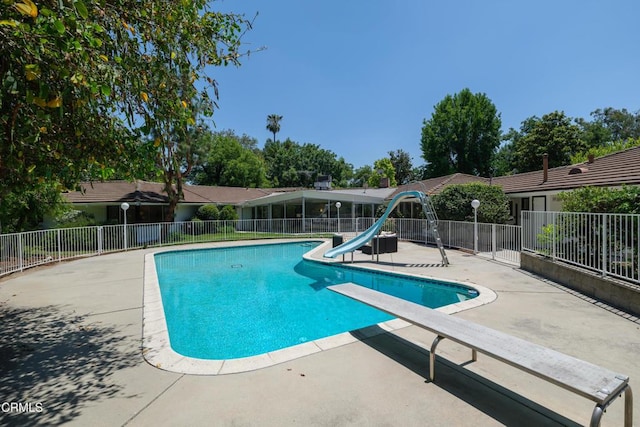 3505 E California Blvd, Pasadena, CA 91107 - view of swimming pool with a water slide, a patio area, and a diving board
