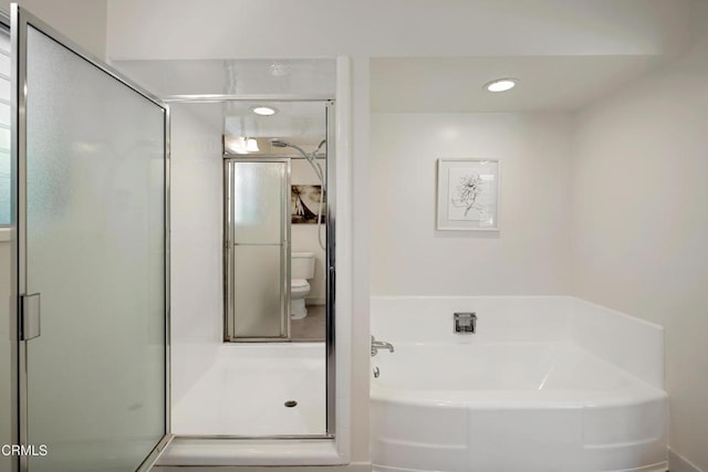 3505 E California Blvd, Pasadena, CA 91107 - full bathroom with a shower stall, a bath, and recessed lighting