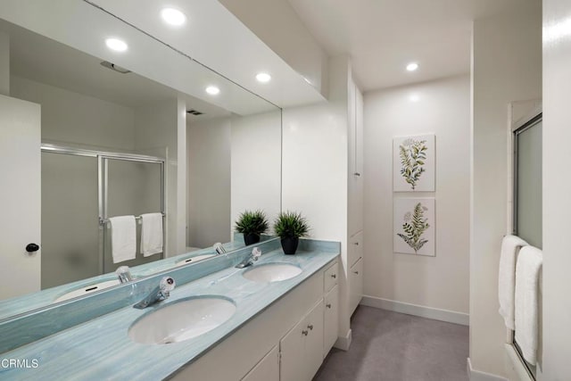3505 E California Blvd, Pasadena, CA 91107 - bathroom with double vanity, a shower with door, recessed lighting, and finished concrete floors