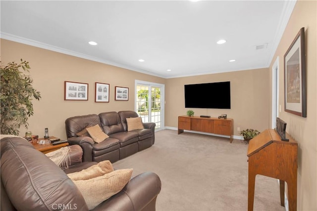 12111 Reagan St, Los Alamitos, CA 90720 - living area with ornamental molding, light carpet, and recessed lighting
