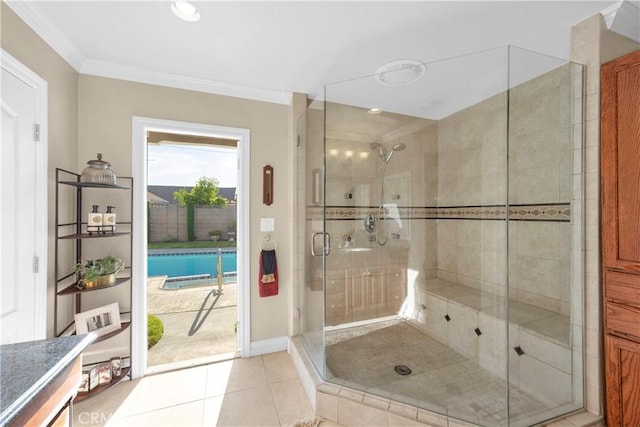 12111 Reagan St, Los Alamitos, CA 90720 - full bath featuring a stall shower, tile patterned floors, crown molding, and recessed lighting