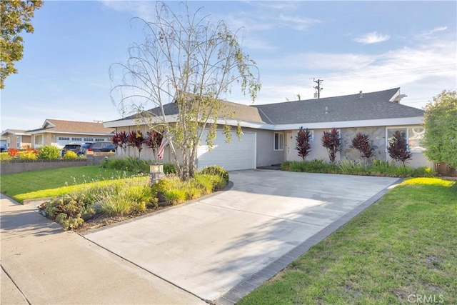 12111 Reagan St, Los Alamitos, CA 90720 - ranch-style home with a garage, concrete driveway, a front lawn, and stucco siding
