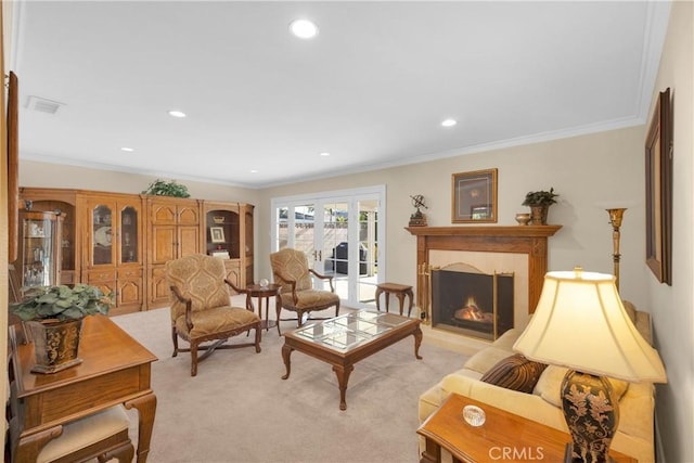 12111 Reagan St, Los Alamitos, CA 90720 - living room with ornamental molding, a fireplace, recessed lighting, and light colored carpet
