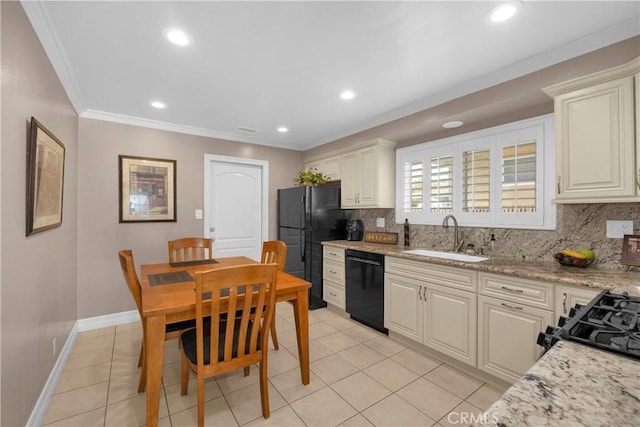 12111 Reagan St, Los Alamitos, CA 90720 - kitchen featuring black appliances, decorative backsplash, crown molding, light tile patterned flooring, and light stone counters